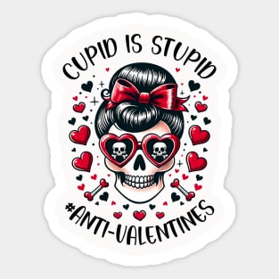 Funny Cupid Is Stupid Messy Bun Skull Anti Valentine_s Day Sticker